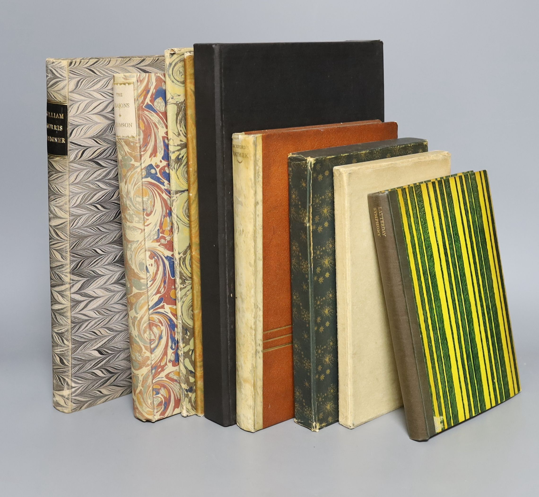Nonesuch Press - Thomson, James - The Seasons, one of 1500, 4to, marble boards, illustrated by Jacquier, London, 1927 and Crow, Gerald Henry - William Morris Designer, 4to, cloth, The Studio, London, 1934 (2)